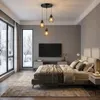 A bedroom with a bed, TV, and a pendant light fixture. Náhled obrázku produktu