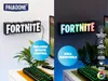A split image showing a Fortnite logo light on a wall. The left side shows the light in a brighter setting with a remote control and keyboard visible. The right side shows the light in a darker setting with feature callouts. Anteprima dell’immagine prodotto