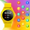 A yellow smartwatch is shown next to a collage of icons representing different sports and activities. Voir les images du produit