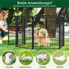A woman interacting with a dog in a black metal playpen outdoors, with smaller images of other animals at the bottom. Produktbild-Vorschau