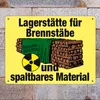 A yellow metal sign with text and graphics indicating a storage area for fuel rods and fissile material. Produktbild-Vorschau
