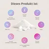 A pile of white powder and tablets surrounded by circular icons with German text indicating product features. Produktbild-Vorschau