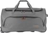 A grey travel duffel bag with wheels and orange zipper pulls, shown from the front. Náhľad obrázku produktu