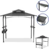 A black metal grill gazebo with a gray double roof and side shelves, shown against a white background. Insets show close-ups of the roof and shelving details. Náhled obrázku produktu