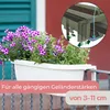 A white planter box filled with purple and white flowers, attached to a balcony railing. An inset diagram shows how the planter attaches. Produktbild-Vorschau