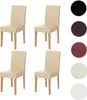 Four cream-colored dining chairs with light wooden legs are arranged in a two-by-two grid. To the right of the chairs are five circular swatches of different colors: black, dark brown, red, off-white, and white. Produktbild-Vorschau