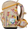 A side view of a child's backpack with a colorful polka dot pattern and a dog badge. Voir les images du produit