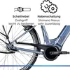 Close-up view of the rear wheel and drivetrain of a bicycle, with marketing text and icons above. Produktbild-Vorschau