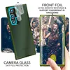 A product image showcasing a phone case with a focus on its camera protection and front foil features, set against a backdrop of people celebrating. Produktbild-Vorschau