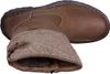 A top-down view of a brown leather boot with a tan felt cuff. Voir les images du produit