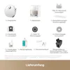 A collage of various accessories and components for a robot vacuum cleaner, along with the robot itself and its base station. Produktbild-Vorschau