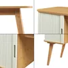 A collage of four close-up images showing different details of a wooden desk with a cream-colored rolling door. Produktbild-Vorschau