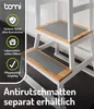 A learning tower with anti-slip mats on the steps, with text overlays highlighting features. Produktbild-Vorschau