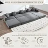 A large modular sofa is shown on a rug in a room, with text overlays describing its features and assembly. Voir les images du produit