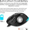 A black trackball mouse with blue LED lighting and text describing its features. Produktbild-Vorschau