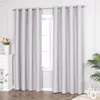 Two light gray curtains with silver stripes hang on a curtain rod in front of a window. To the left, a white fireplace mantel holds a white vase with colorful tulips. To the right, a potted plant with large green leaves is visible. Produktbild-Vorschau
