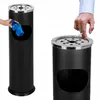 A collage showing two black cylindrical trash cans with ashtrays on top. One shows a hand discarding a blue plastic bag, and the other shows a hand discarding a cigarette. Náhled obrázku produktu