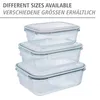 Three glass food storage containers of different sizes are stacked on top of each other against a white background. Produktbild-Vorschau