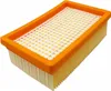 A rectangular air filter with an orange frame and pleated yellow filter material. Produktbild-Vorschau