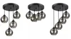 Three different configurations of a black pendant light with glass globes are displayed against a white background. Produktbild-Vorschau