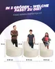 Three people of different ages are shown standing next to beanbag chairs of different sizes, with dimensions indicated. Produktbild-Vorschau