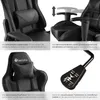 Collage of close-up shots and details of a black gaming chair, highlighting its features. Produktbild-Vorschau