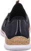 The back view of a black slip-on shoe with a tan textured sole and white sole. Produktbild-Vorschau