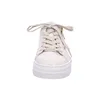A close-up front view of a single beige sneaker with white laces and a white platform sole, set against a white background. Náhled obrázku produktu