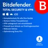 Marketing image for Bitdefender Total Security & VPN software, listing features and compatibility. Produktbild-Vorschau
