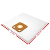 A white vacuum cleaner bag with a brown cardboard attachment is shown on a white background. Red arrows indicate the dimensions of the bag. Produktbild-Vorschau