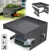 A collage of images showing a metal shelter for a robotic lawn mower, with inset images of the shelter's components and icons representing its features. Náhled obrázku produktu