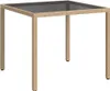 A square outdoor table with a glass top and rattan-like legs, shown from a slightly elevated angle.