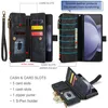A product image showing a black leather wallet-style phone case with various compartments for cards and cash, along with a phone inserted. Produktbild-Vorschau