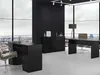 A modern office setting with black furniture and large windows overlooking a city. Náhľad obrázku produktu