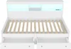 A white bed frame with wooden slats and two open drawers, featuring LED lighting in the headboard. Voir les images du produit