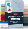 A product image showcasing a light blue fitted sheet with various other colored fitted sheets stacked on the left and right sides. It includes product information and certifications. Anteprima dell’immagine prodotto