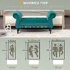 A size chart showing different bed sizes with corresponding bench dimensions, overlaid on a product image of a teal bench. Náhľad obrázku produktu