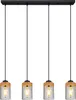 A linear pendant light fixture with four glass shades and wooden accents, suspended from a black rectangular base. Náhled obrázku produktu