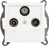 A close-up, front-facing view of a white wall-mounted antenna socket with three connectors labeled SAT, TV, and FM. Produktbild-Vorschau