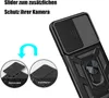 A black phone case with a camera slider and ring holder is shown, with diagrams illustrating its features. Produktbild-Vorschau