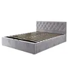 A grey upholstered bed frame with a tufted headboard and a slatted mattress base is shown against a white background. Produktbild-Vorschau