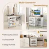 A collage of images showing a multi-functional table used as a sewing table, a computer desk, and a storage cabinet in a kitchen. Produktbild-Vorschau
