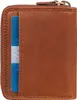 A close-up view of a brown leather wallet with a credit card partially inserted. Produktbild-Vorschau