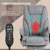 A person is partially visible in the background, with a close-up of a gray office chair with massage features highlighted by graphics. Produktbild-Vorschau