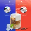 Collage showing two modes of a coffee machine: cold drink mode on the left with an iced drink and hot drink mode on the right with a latte. Instructions for each mode are displayed. Produktbild-Vorschau