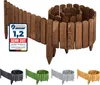 A display of wooden garden edging in various colors, with a close-up of the brown version and a quality seal. Voir les images du produit