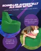 A collage-style marketing image for a beanbag chair, showing the product in use indoors and outdoors, with overlaid text highlighting features. Produktbild-Vorschau