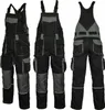 Three views of a pair of black and gray work overalls against a white background. Produktbild-Vorschau