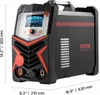 A VEVOR ACDC TIG-225 welding machine is shown from a three-quarter side view, with dimensions indicated. Produktbild-Vorschau