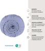 A rolled-up lavender fitted sheet is shown next to a panel of marketing text and icons detailing product features and certifications. Produktbild-Vorschau